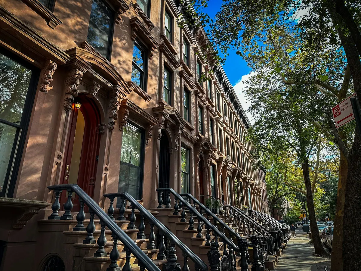 Sunlit brownstone stoops on a tree-lined street